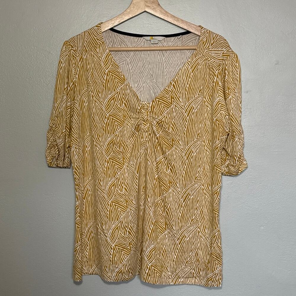 Women's Size US 14 Boden Jane Jersey Knit Yellow Leaf Print Ruched Short Sleeve